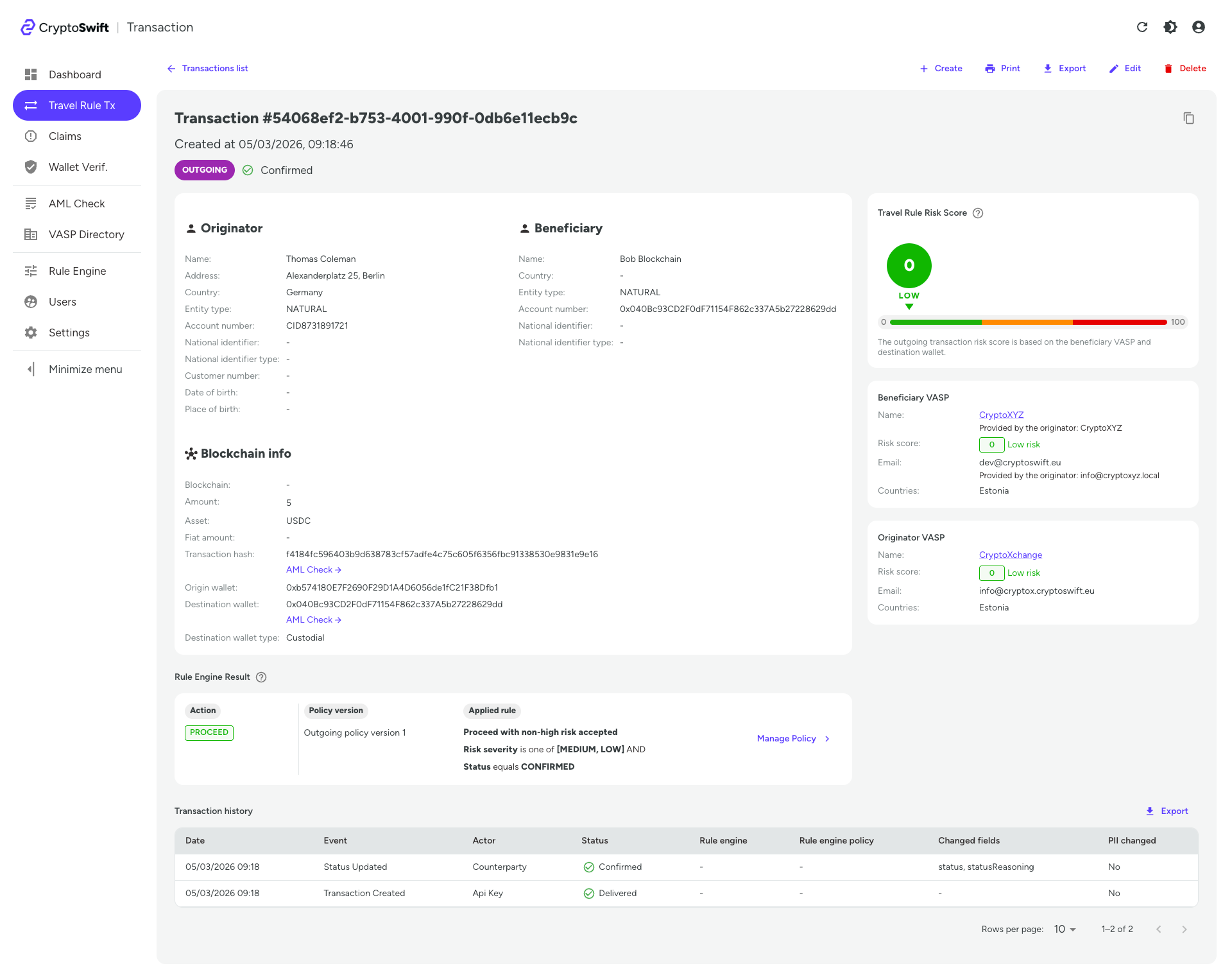 Travel Rule transaction detail view in the Client Dashboard showing the applied Rule Engine policy outcome